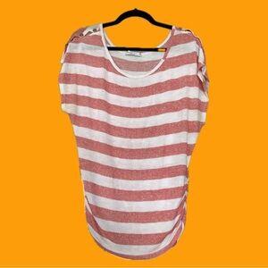 Coral & White Striped Button Shoulder Tee – Size XL